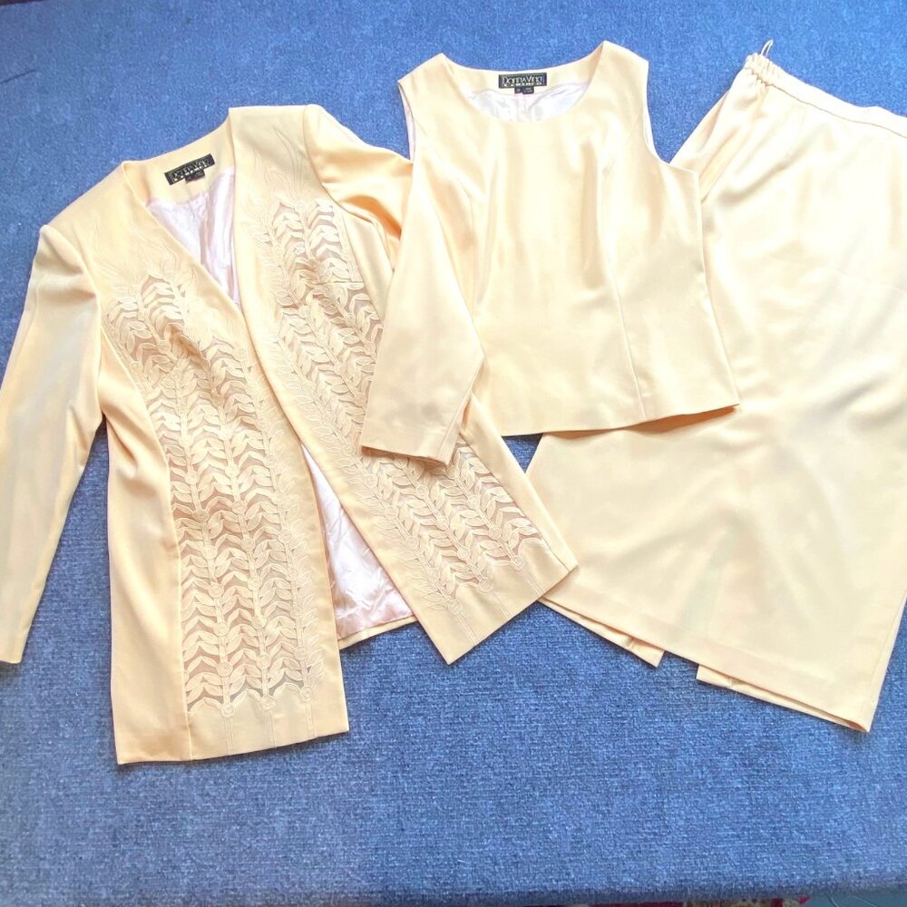 Donna Vinci Couture 3 pc Suit Set Womens 12 Yellow Jacket Top Skirt‎ Formal